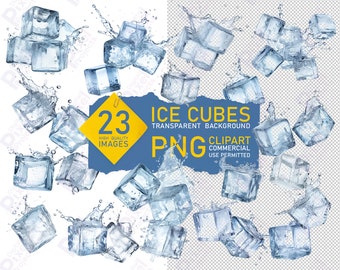 Ice Cube Overlays isolated on a transparent background. 23 PNG clipart of realistic ice cube and water splashes elements for Photoshop.
