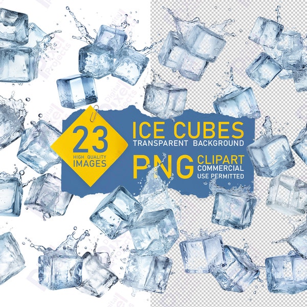 Ice Cube Overlays isolated on a transparent background. 23 PNG clipart of realistic ice cube and water splashes elements for Photoshop.