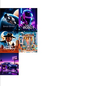 AI Fantasy Movie Posters- Space Odyssey, The Lone Cowboy, DRS Game, The AI Robot and Carton City