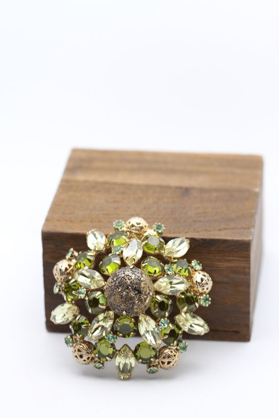 Vintage green faux stones ornate pin brooch, 2.5"