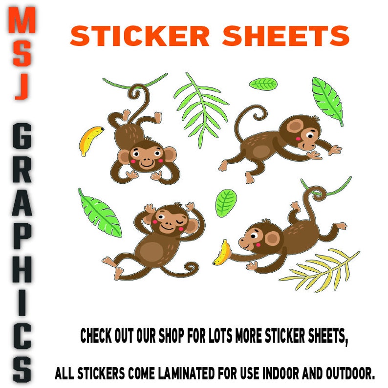 Happy Fun Monkeys Stickers Sheet Decals Monkey Wall Self Etsy