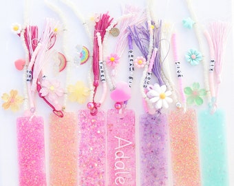 Glitter Name Bookmark | Resin | Acrylic | Personalized Gift | Birthday | Children’s Gifts |  Beaded Tassels | Book Accessories | Party Favor