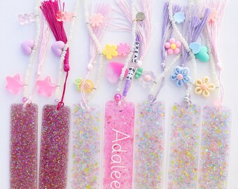 Glitter Name Bookmark | Resin | Acrylic | Personalized Gift | Birthday | Children’s Gifts |  Beaded Tassels | Book Accessories | Party Favor