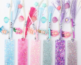 Glitter Name Bookmark | Mermaid | Resin | Acrylic | Personalized Gift | Birthday | Children’s Gifts |  Beaded Tassels | Party Favor | BOOK