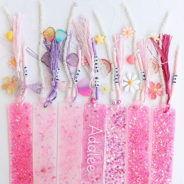 Glitter Name Bookmark | Resin | Acrylic | Personalized Gift | Birthday | Children’s Gifts |  Beaded Tassels | Book Accessories | Party Favor