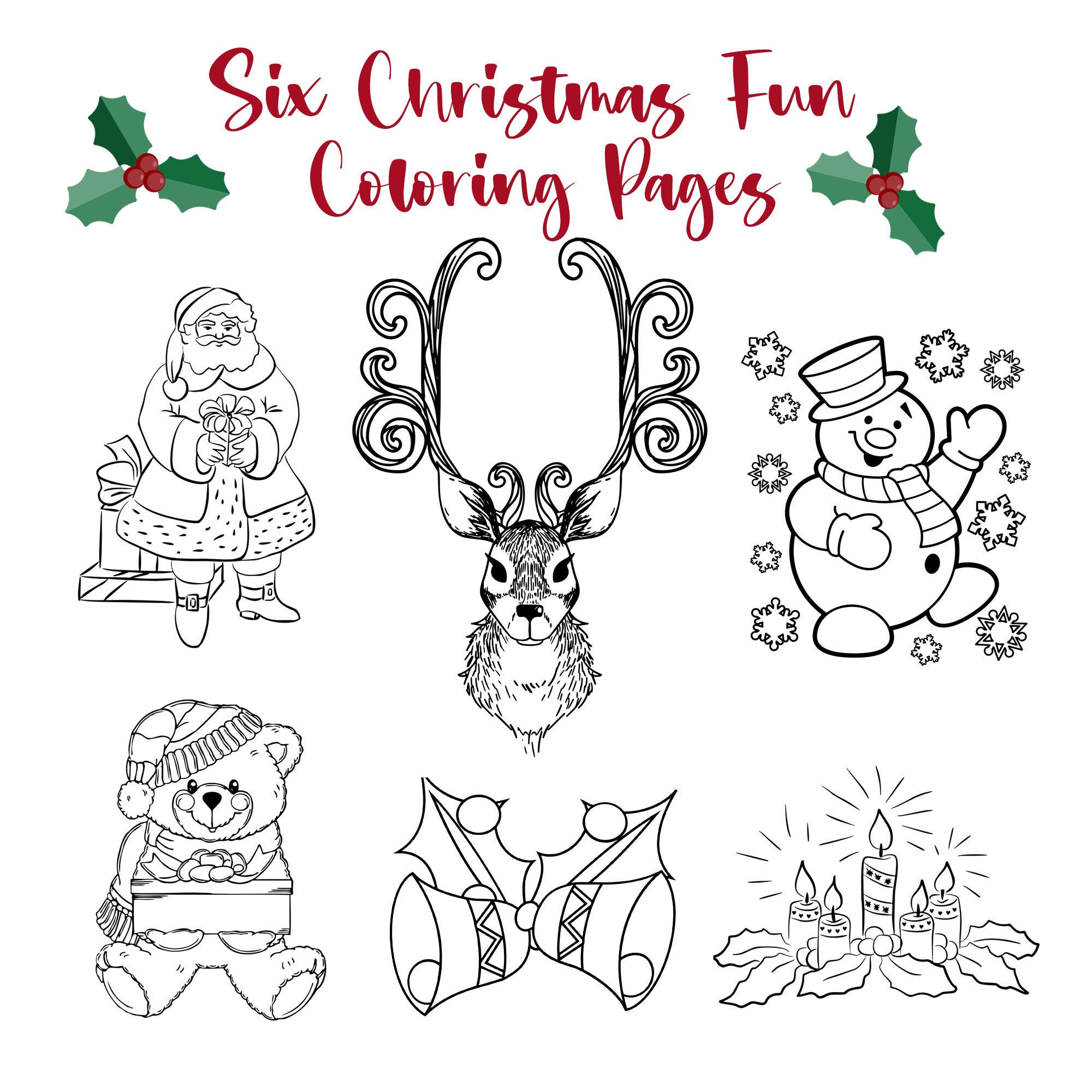 Six Christmas Fun Coloring Pages Digital Instant Download Etsy