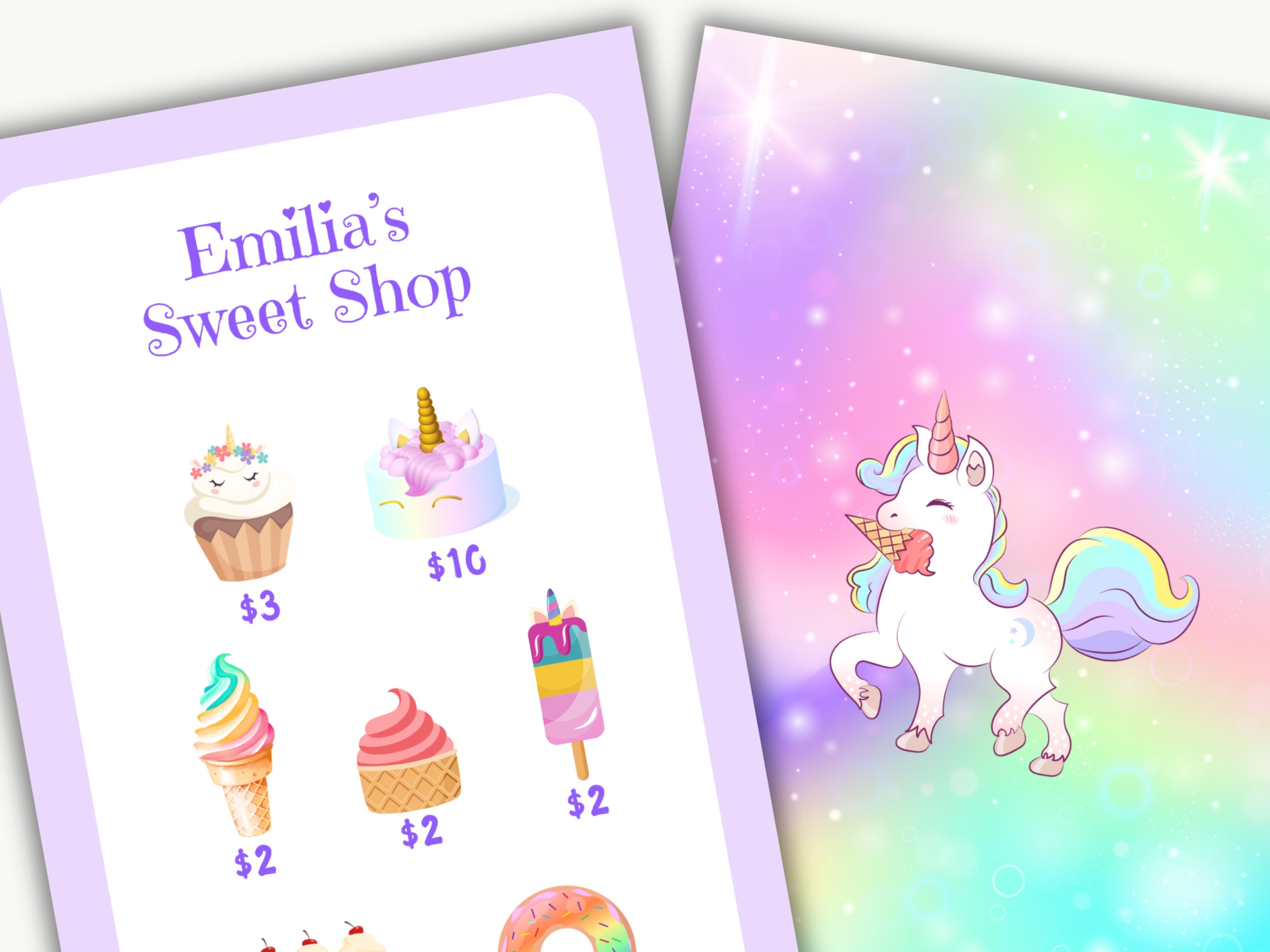Printable PERSONALIZED Pretend Play Restaurant Set - Unicorn Ice Cream ...