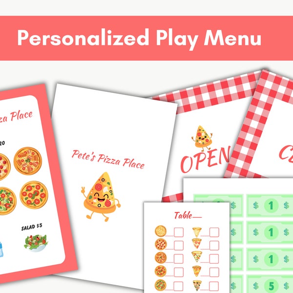 Printable PERSONALIZED Pretend Play Restaurant Set - Pizza Shop, Dramatic Play Restaurant, Digital Download PDFs