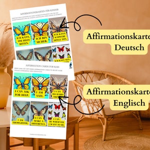 48 tarjetas didácticas de afirmaciones para niños, plantillas editables en Canva, alemán e inglés