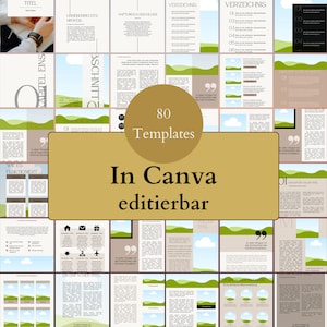 May include: A collage of 80 Canva templates, featuring a variety of layouts and designs. The templates are editable and include text boxes, images, and graphics. The text "80 Templates" and "In Canva editierbar" is displayed in a gold circle.