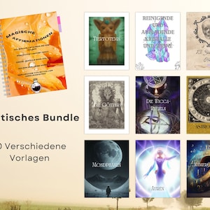 May include: A collage of ten printable digital downloads for creating journals and planners. The images include a skull, crystals, a moon, a witch's symbol, and a variety of other mystical and spiritual themes.