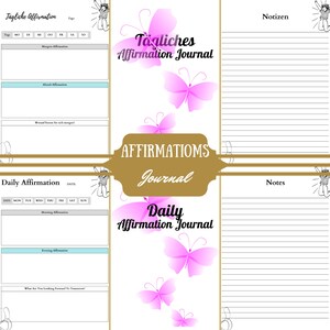 Diario de afirmaciones y 24 tarjetas didácticas de afirmaciones, plantillas editables en Canva, alemán e inglés