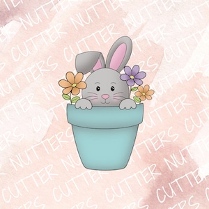 May include: A grey bunny rabbit peeking out of a light blue flower pot with three colourful flowers. The bunny has pink ears and a brown nose.