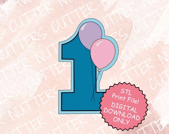 STL 3D Print File ONLY Number 1 with Balloons Cookie Cutter. 6 sizes!