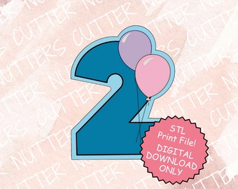 STL 3D Print File ONLY Number 2 with Balloons Cookie Cutter. 6 sizes!