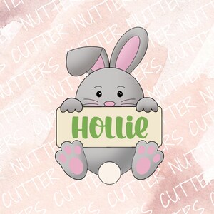 Peut inclure: Un lapin gris avec des oreilles et des pattes roses tenant une pancarte qui dit "Hollie". La pancarte est beige avec des lettres vertes.