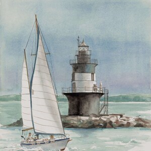 May include: A watercolor painting of a sailboat sailing past a lighthouse on a calm, blue day. The lighthouse is white with black stripes and is situated on a rocky island. The sailboat has white sails and a blue hull.