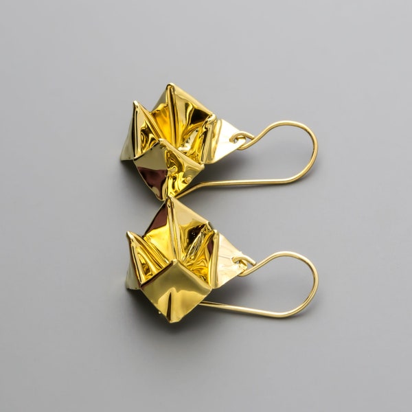 Gold Origami handmade folded fortune teller earrings.