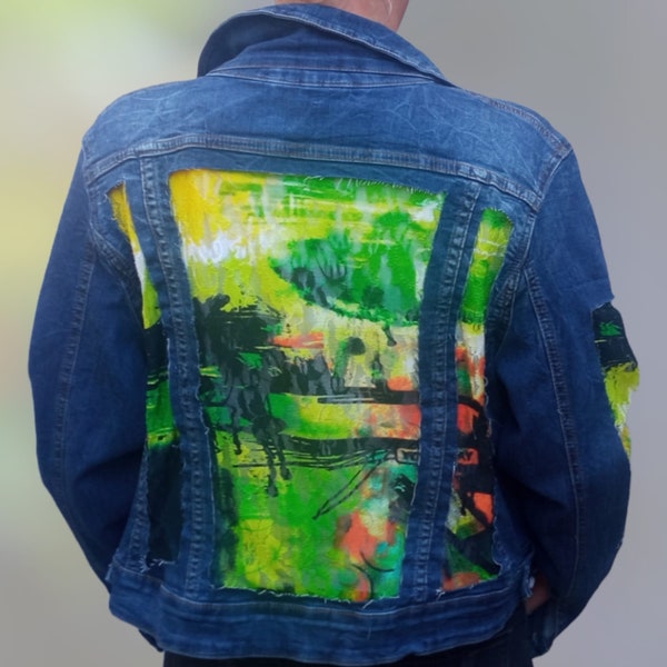 Veste en jean recyclée avec ornement en dentelle - patchwork