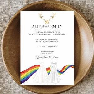 Suite di inviti di nozze Mrs & Mrs, set di inviti di nozze lesbiche, inviti di nozze arcobaleno, modello unico di invito di nozze LGBTQ Pride