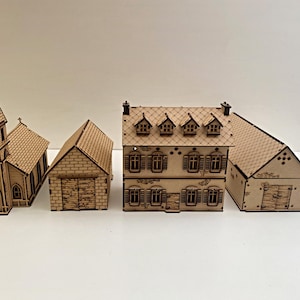 WW2 Normandy Set 1:  Farmhouse, Farm Stables, Garage, Church – 28mm to 32mm Wargames, Role Play or Dioramas - 3mm Laser-Cut