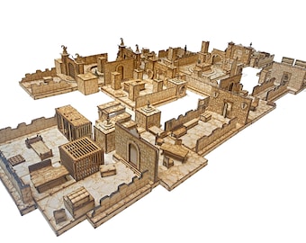 May include: A wooden model of a medieval dungeon with multiple rooms and corridors. The model is made of light brown wood and features details like windows, doors, and furniture.