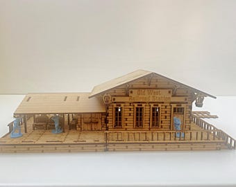 Kit de estación de ferrocarril del Salvaje Oeste: terreno de juego de guerra de MDF cortado con láser