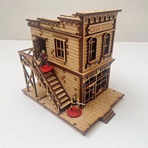 Kit de construction de pharmacie Wild West - Pharmacie à 2 étages avec toit et planchers amovibles.  28 mm, 32 mm, échelle de 35 mm pour les jeux de guerre en escarmouche