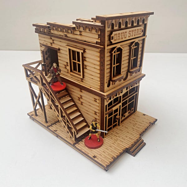 Wild West Drug Store Building Kit – 2-Story Pharmacy with removable roof and floors.  28mm,32mm,35mm scale for skirmish wargaming
