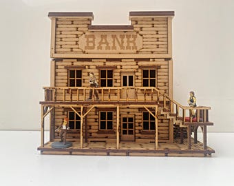 Wild West Bank: 28mm-32mm Building Kit – Laser-Cut 2-Story Terrain for Tabletop Wargaming