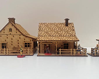 Wild West Houses and Outbuildings Kit.  Removable Roofs Veranda.  32mm, 28mm, 1/56, 1/64 scales, TTRPG Role play and skirmish. Laser-Cut.