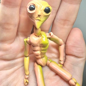 May include: A small, articulated, green and pink alien figurine with black eyes. The figurine is made of polymer clay and is attached to a silver chain.