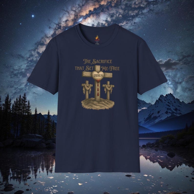 Christian Cross T-shirt: The Sacrifice That Set Me Free Navy