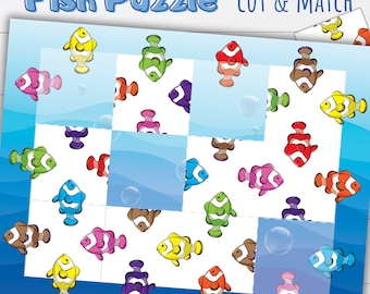 Printable Fish Puzzle Game | Color Matching | Animals Matching Montessori | Educational Memory | Scissor Skills | Homeschool Kids Worksheet