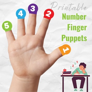 May include: Printable number finger puppets with a hand showing the numbers 1 through 5 on each finger. The hand is on a white background with the text "Printable Number Finger Puppets" in green and black. A cartoon illustration of a student sitting at a desk with books and an apple shows the use of the puppets.