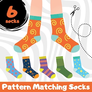 May include: A matching game for kids featuring six pairs of socks with different patterns. The socks are orange with yellow swirls, blue with white dots, blue with black squares, purple with orange diamonds, green with white zigzags, and blue with yellow stars. The text "6 socks" is written in black on a white background.