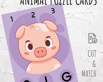 Animal Matching Puzzle Game Flashcards | Word Learning | Counting Activity | Kids Worksheet | Number Practice Games | Printable Montessori