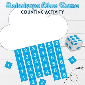Counting Activity | Raindrops Dice Game | Number Practice Games | Numbers Worksheet | Toddler Preschool Homeschool Early Math.