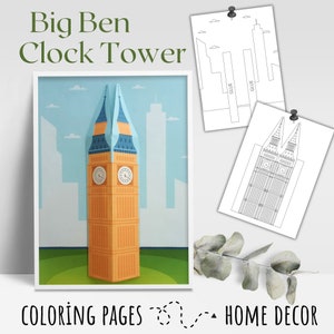 Páginas para colorear de la Torre del Reloj Big Ben en 2D / Decoración del hogar en el Reino Unido / Actividad de pintura imprimible / Manualidades divertidas para niños