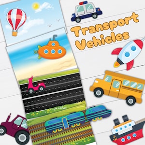 Puede incluir: Un conjunto de ilustraciones coloridas de diferentes tipos de vehículos de transporte, que incluyen un globo aerostático, un submarino, un scooter, un tren, un coche de policía, un autobús escolar, un cohete y un crucero. El título "Vehículos de transporte" está escrito en letras amarillas sobre un fondo blanco.