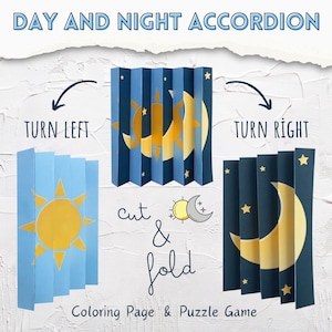 May include: A printable coloring page and puzzle game featuring a day and night accordion. The accordion is made of 7 panels, each with a different design. The day side features a yellow sun on a blue background. The night side features a yellow crescent moon and stars on a dark blue background. The text "cut & fold" is written in cursive.