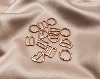 Rose Gold metal rings sliders hooks 3/8" / 10 mm, Sets of 10 pcs, 30 pcs, 50pcs for bra making, sewing lingerie, nickel-free
