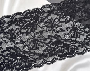 Black Stretch Lace – 8.3" (21 cm) | Wide Floral Elastic Lace Trim for Lingerie Sewing, Bra Making