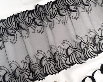 黒の刺繍入りチュールレーストリム、9インチ（23 cm）| ダブルスカロップノンストレッチレース（ランジェリー、ブラジャー縫製用）