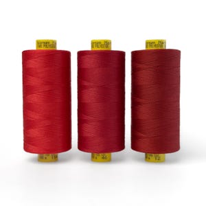 Può includere: Tre bobine di filo da cucire rosso, ciascuna con un'etichetta gialla che recita "Gutermann Mara 100% Poliestere" e un numero. I numeri sulle bobine sono 156, 46 e 12.