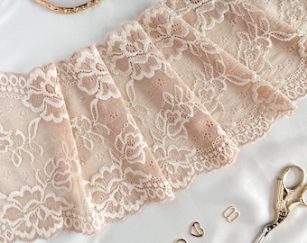 Beige Stretch Lace – 6.3" (16 cm) | Soft Elastic Lace Trim with White Floral Pattern for Lingerie Sewing
