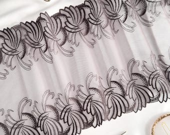 Brown Embroidered Tulle Lace Trim, 9″ (23 cm) | Double-Scallop Non-Stretch Lace for Lingerie, Bra & Corset Sewing