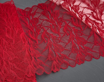 Dark Red Stretch Lace – 9.4" (24 cm) | Wide Elastic Lace Trim with Leaf Pattern for Lingerie Sewing, Bra Making