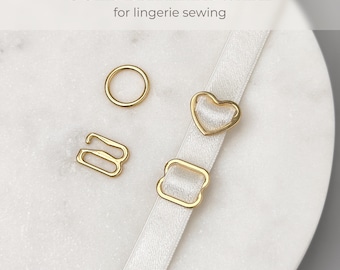 Gold BH-Hardware-Set, 3/8’’ (10 mm), Ringe, Schieber, G-Haken | Herz & Klassik | Dessous Nähzubehör