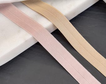 2m Silky Fold-Over Elastic (FOE) – 15 mm (5/8″), Beige & Silver Peony | Medium-Weight Binding for Bras, Panties | Lingerie Making Supplies